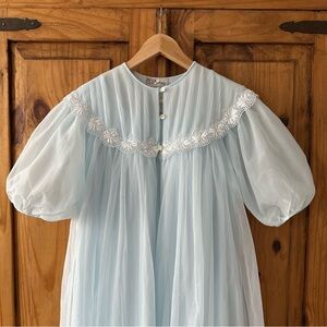 Dorsay Vintage 1960's Two Piece Set Nightgown Peignoir Baby Blue Lace Trim - M